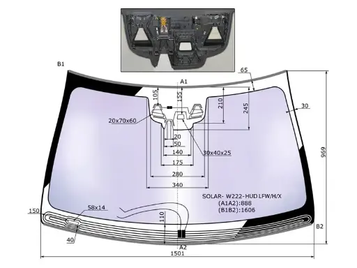 [SOLAR-W222-HUD LFW/H/X] Стекло лобовое (Атермальное / Обогрев щеток / Антенна / Три камеры / Датчик дождя / Проекция / Молдинг) Mercedes-Benz S-Class 13-18
